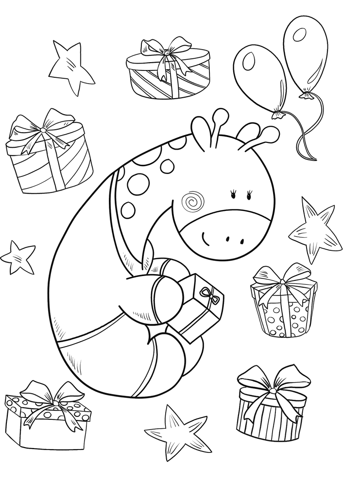 Baby Giraffe With A Present On His Birthday Coloring Page Md Coloring Page — Free Printable — free printable coloring page
