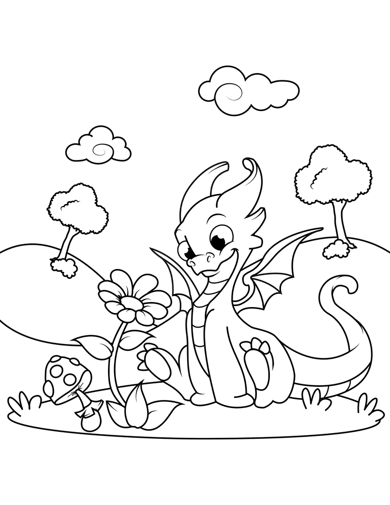 Cute Dragon Sniffing Flower Coloring Page Md Coloring Page — Free Printable — free printable coloring page
