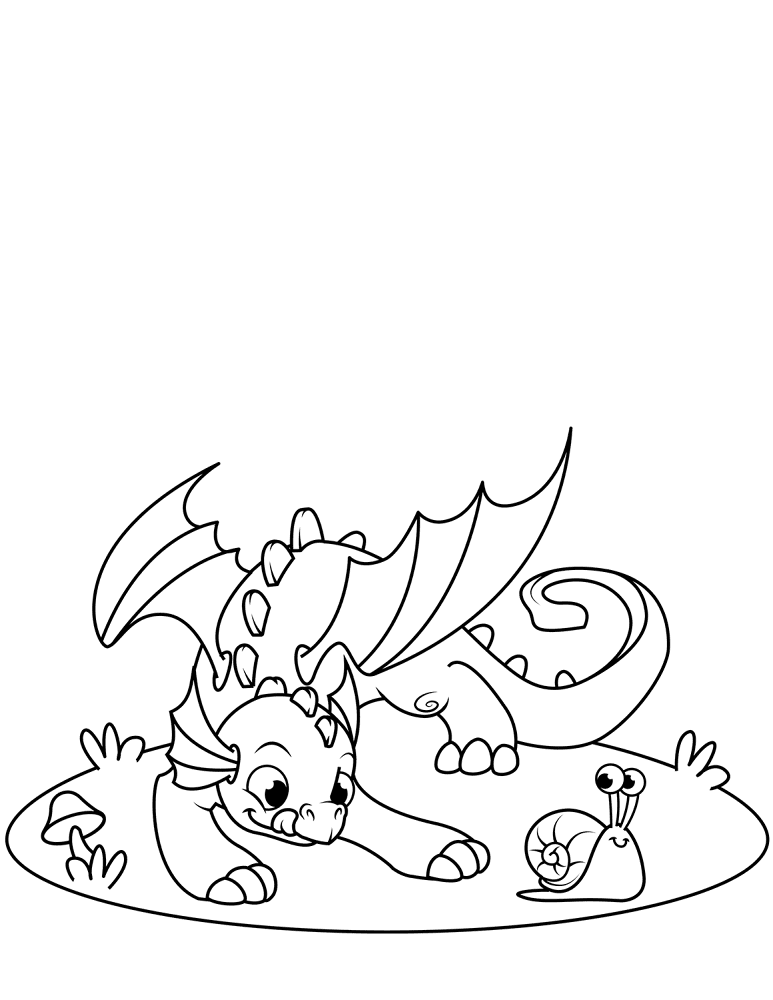 Cute Little Dragon Playing With Snail Coloring Page Md Coloring Page — Free Printable — free printable coloring page