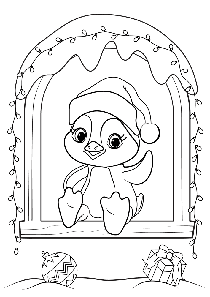 Christmas Penguin At The Window Coloring Page Md Coloring Page — Free Printable — free printable coloring page