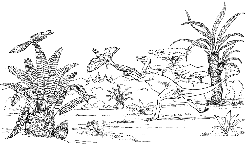 Ornitholestes Chasing Archaeopteryx Coloring Page Md Coloring Page — Free Printable — free printable coloring page