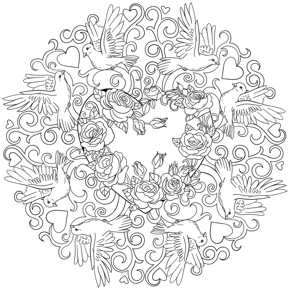 St Valentine Mandala With Roses And Doves Coloring Page Md Coloring Page — Free Printable — free printable coloring page