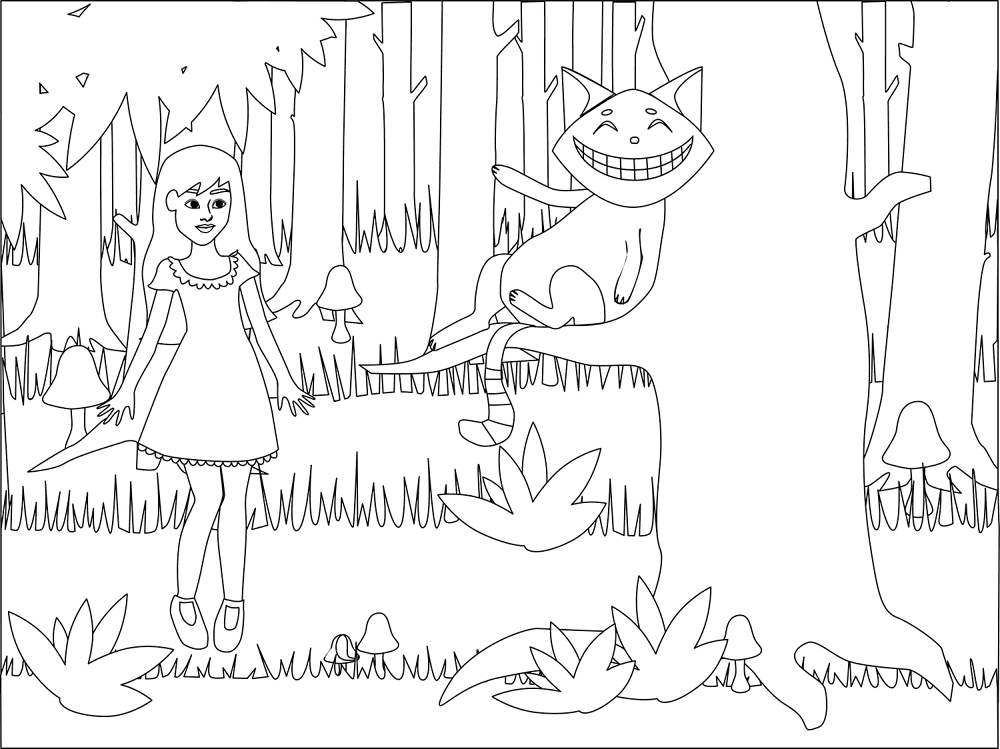 Alice In Wonderland And The Cheshire Cat Bw Coloring Page Md Coloring Page — Free Printable — free printable coloring page