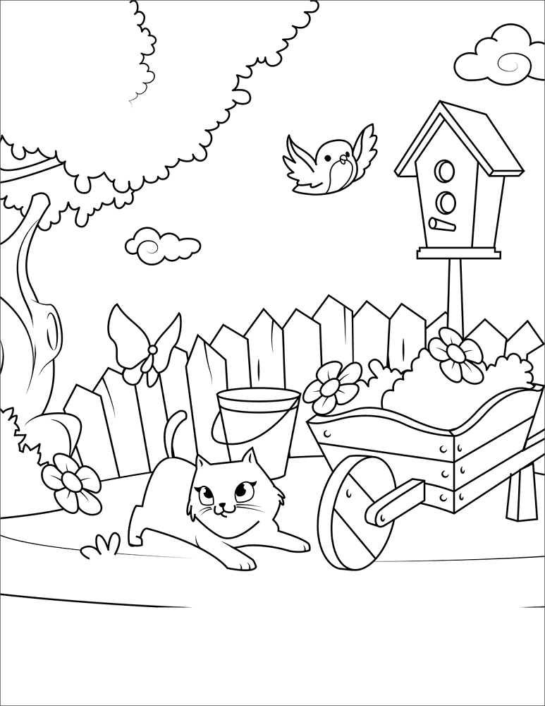 Cat Playing With A Butterfly In The Yard Coloring Page Md Coloring Page — Free Printable — free printable coloring page