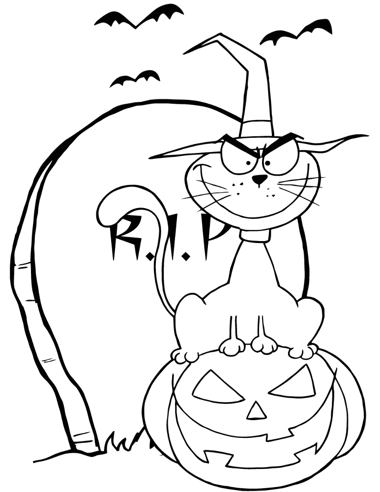 Halloween Cat On Pumpkin Near Tombstone Coloring Page Md Coloring Page — Free Printable — free printable coloring page