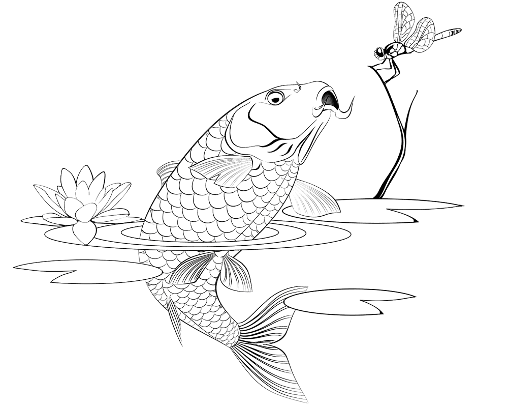 Jumping Carp Catching A Dragonfly Coloring Page Md Coloring Page — Free Printable — free printable coloring page