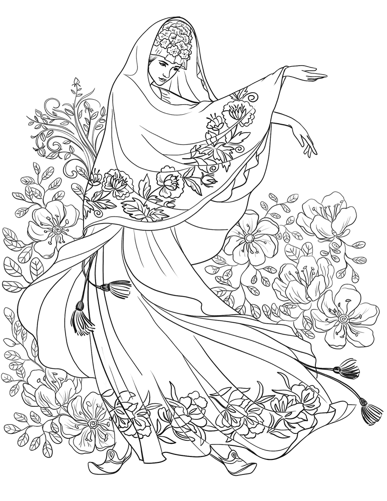 Woman From The Near East With The Floral Motif Coloring Page Md Coloring Page — Free Printable — free printable coloring page