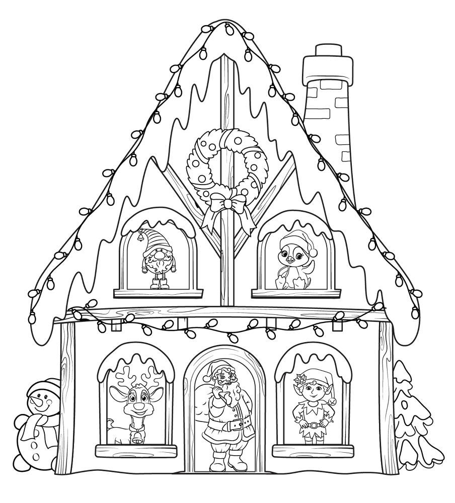 Christmas House With Characters Coloring Page Md Coloring Page — Free Printable — free printable coloring page