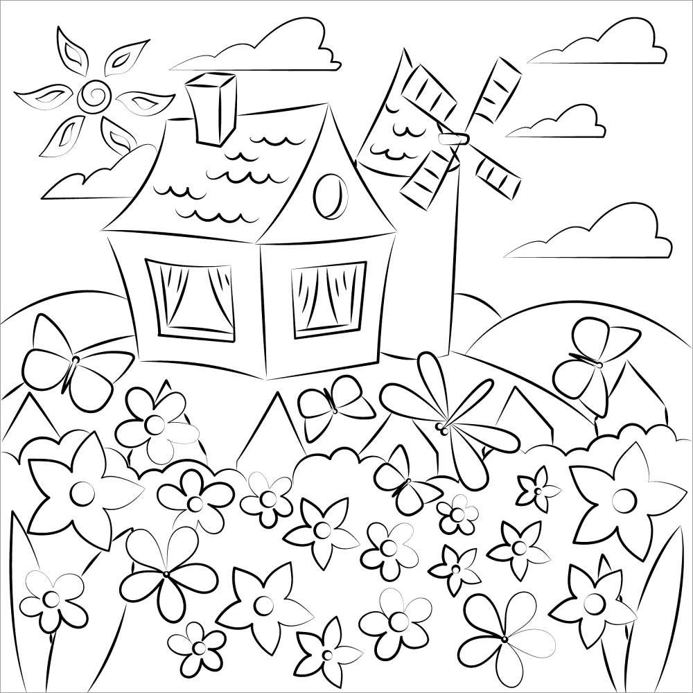 Spring Flowers Butterflies And Country House Coloring Page Md Coloring Page — Free Printable — free printable coloring page