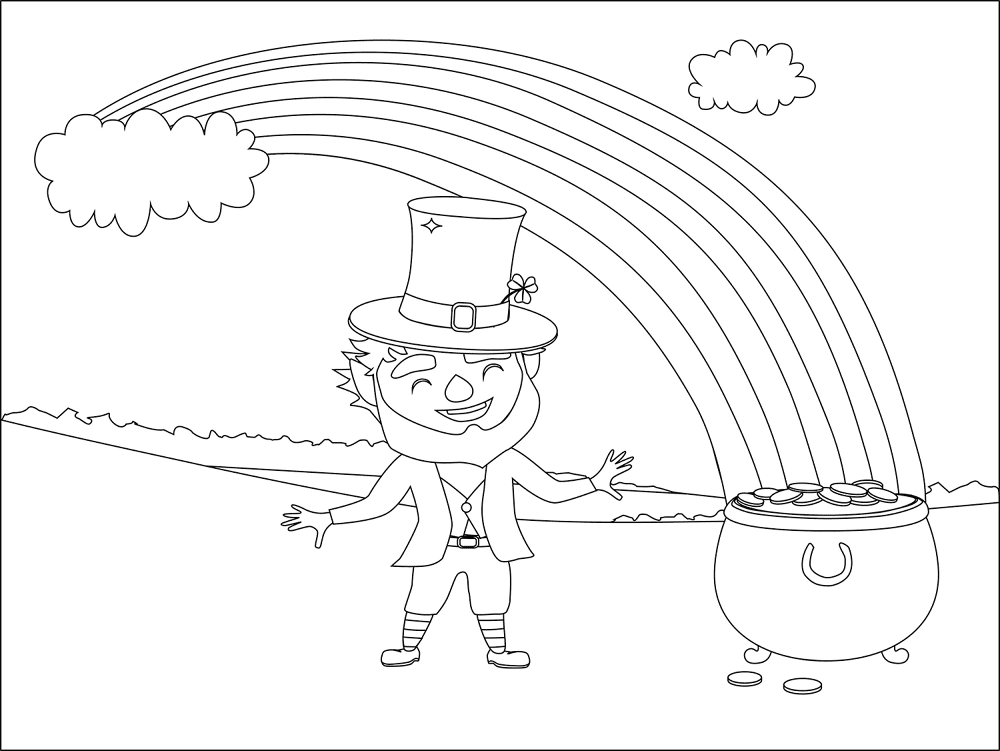 Leprechaun And Pot Of Gold Saint Patricks Bw Coloring Page Md Coloring Page — Free Printable — free printable coloring page