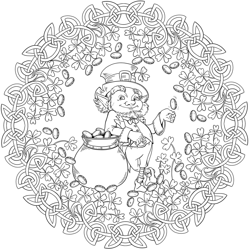 Saint Patricks Day Mandala With Celrtic Knot Shamrock Leprechaun And Pot Of Gold Coloring Page Md Coloring Page — Free Printable — free printable coloring page
