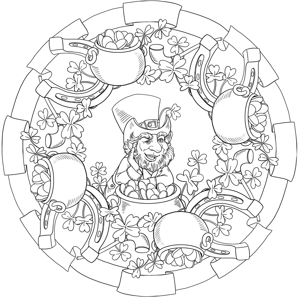 Saint Patricks Day Mandala With Leprechaun And Pots Of Gold Coloring Page Md Coloring Page — Free Printable — free printable coloring page