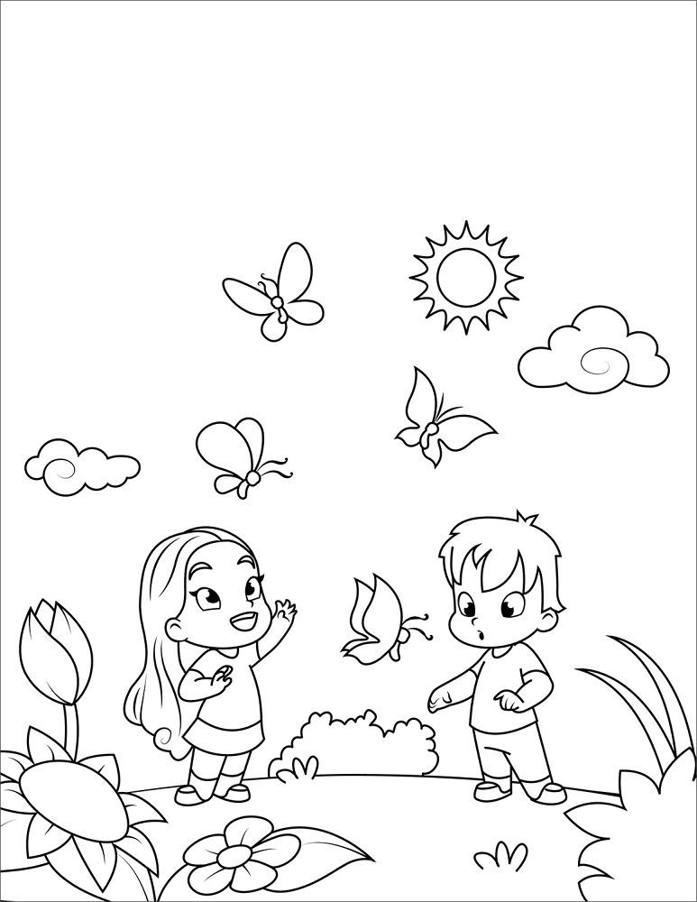 Boy And Girl Admiring Butterflies Coloring Page Md Coloring Page — Free Printable — free printable coloring page