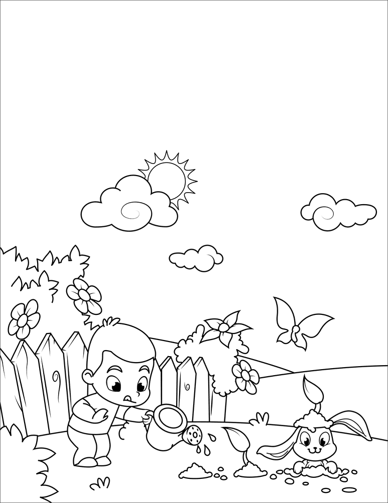 Boy Watering Flowers And Cute Rabbit Digging Through Them Coloring Page Md Coloring Page — Free Printable — free printable coloring page